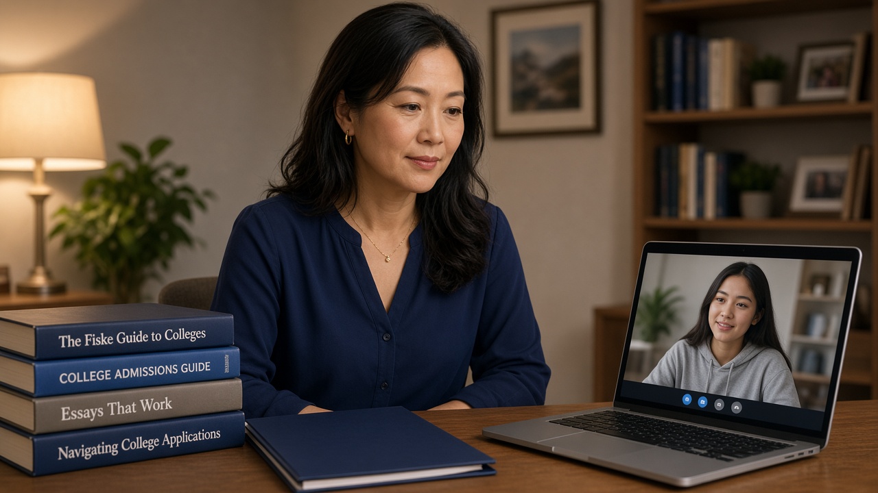 Mid-career woman college admissions consultant on a video call with a student