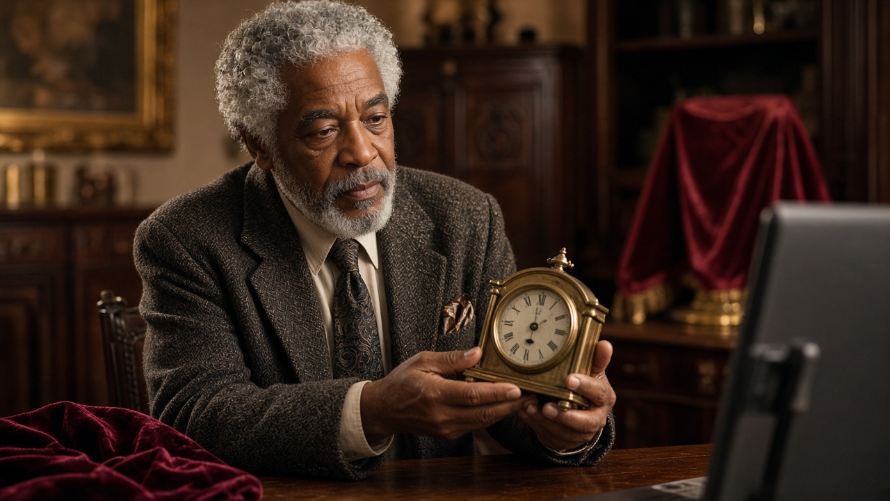 Older man antiques appraiser examining a vintage clock on a live estate video call