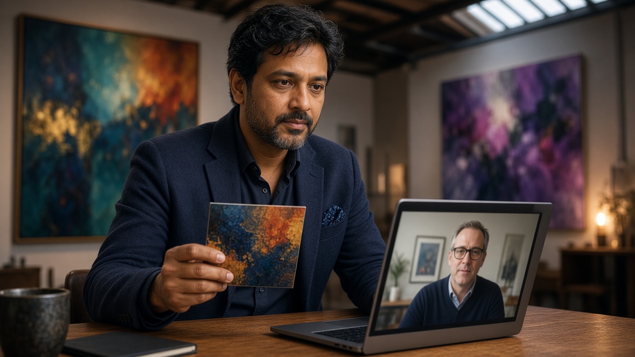 Man in his forties art advisor consulting a collector from a gallery-like loft