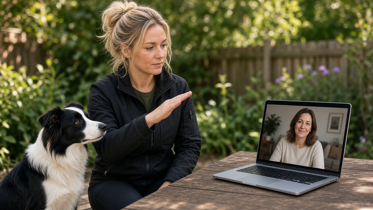 Young woman dog trainer with a border collie coaching a pet parent on laptop video
