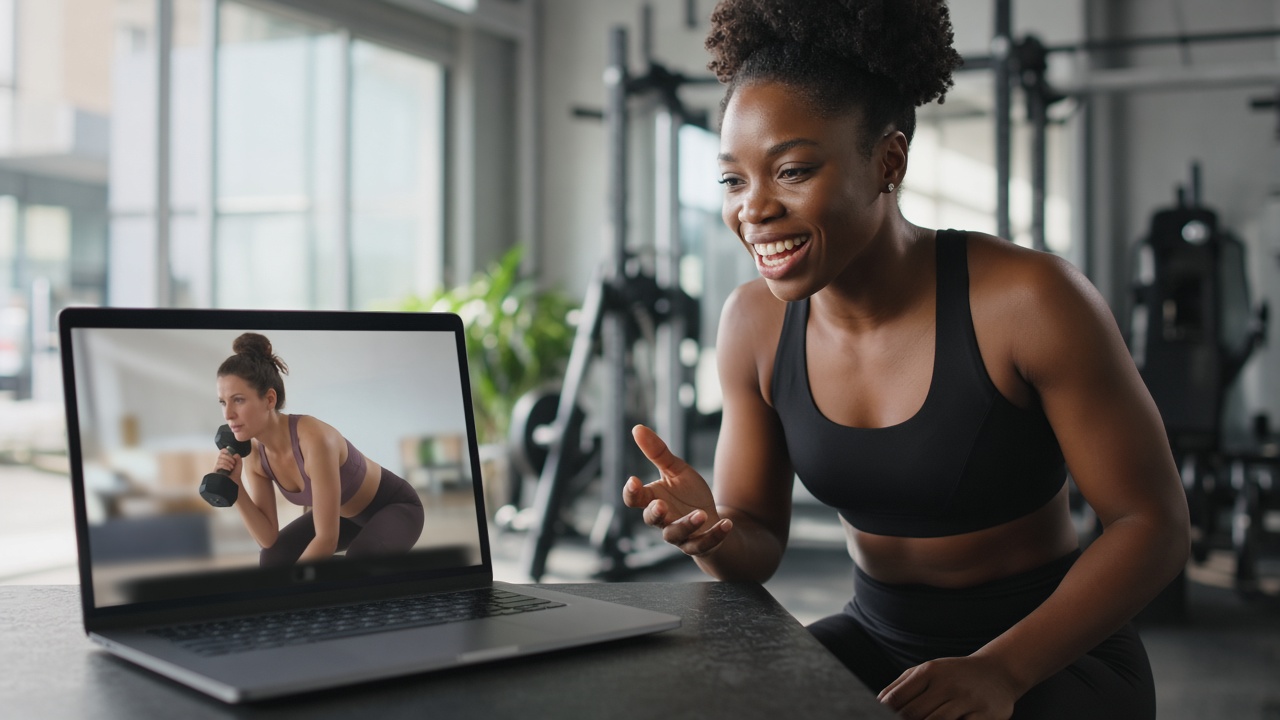 Young woman personal trainer coaching a client through lifts on a live video call