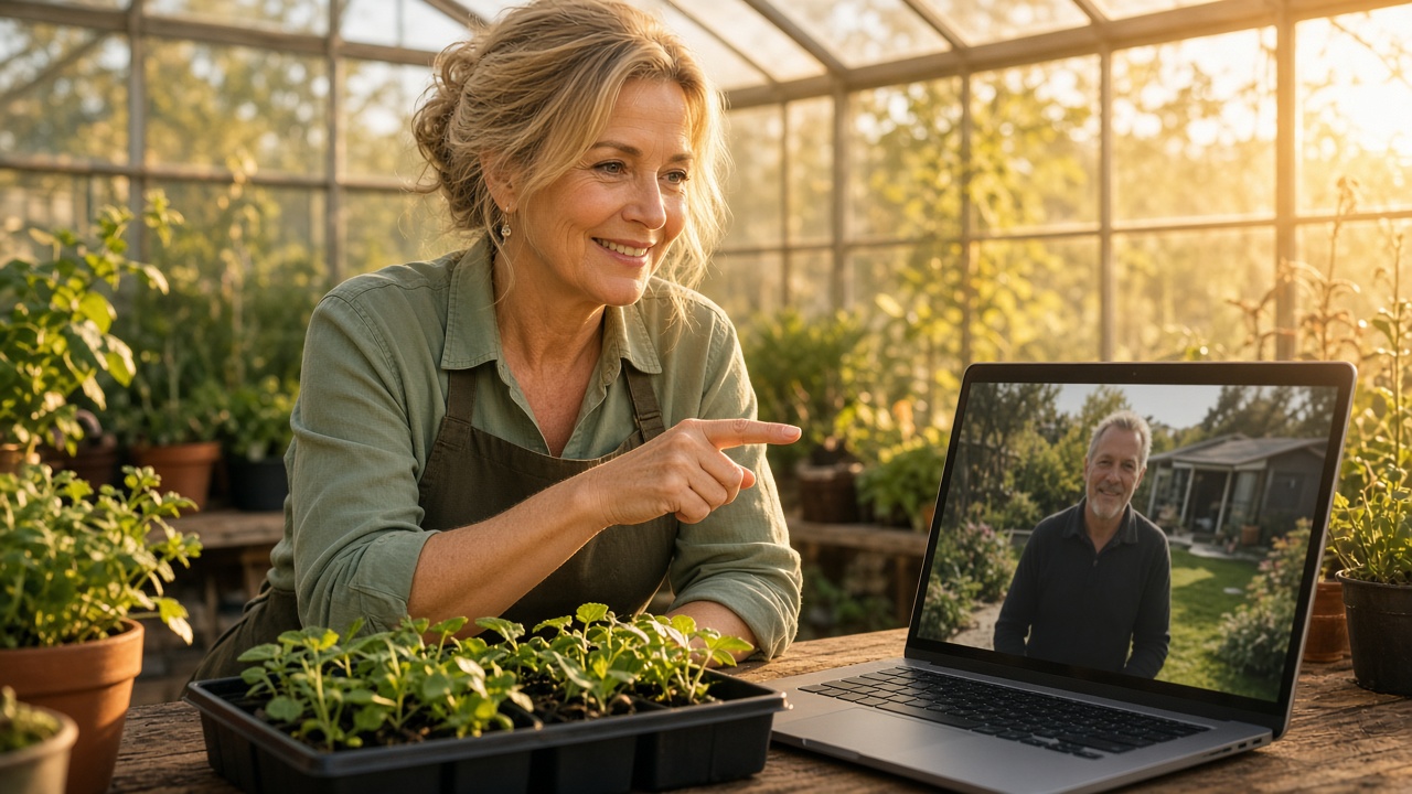 Woman in her fifties landscape consultant coaching a homeowner from a greenhouse