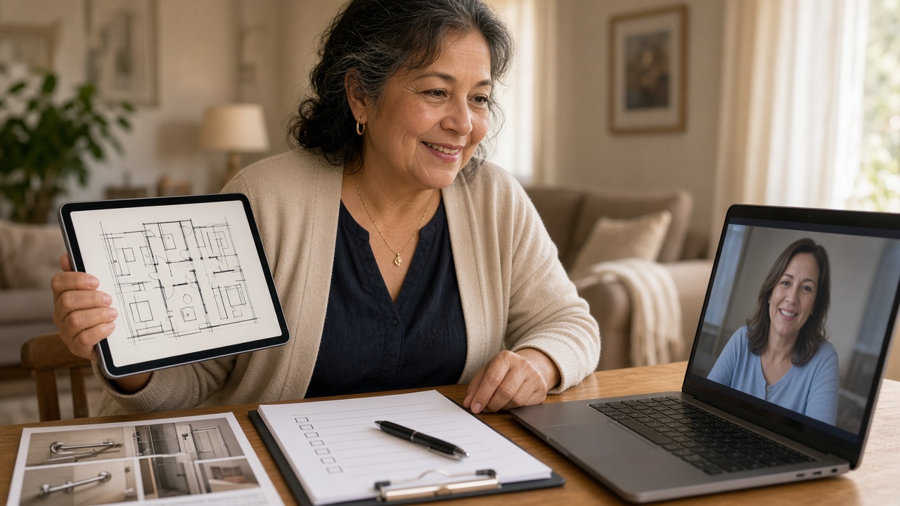 Woman in her sixties aging-in-place consultant sharing a floor plan on a video call