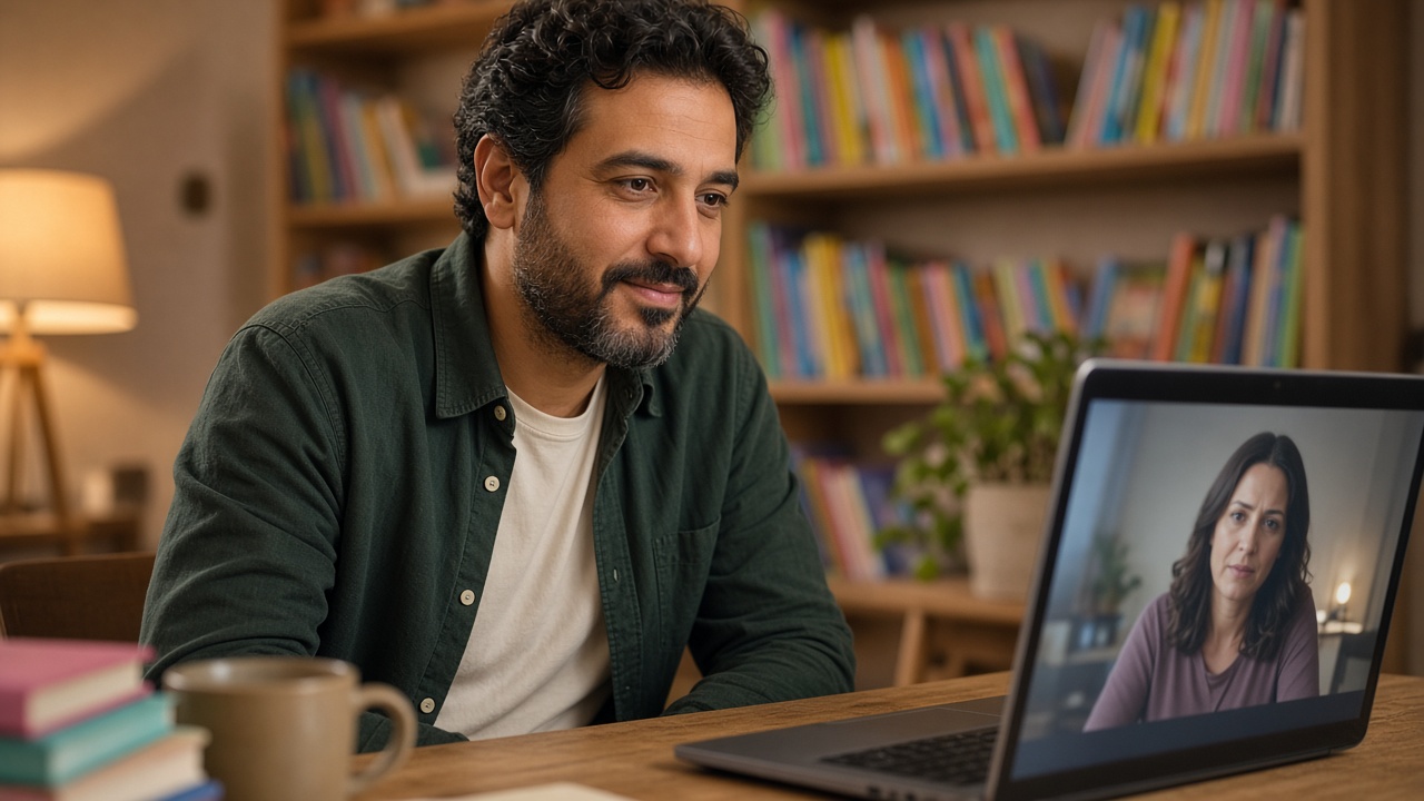 Man in his late thirties parenting and ADHD coach on a live video session